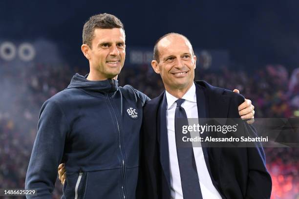 Thiago Motta, Head Coach of Bologna FC, and Massimiliano Allegri, Head Coach of Juventus, pose for a photograph prior to the Serie A match between...