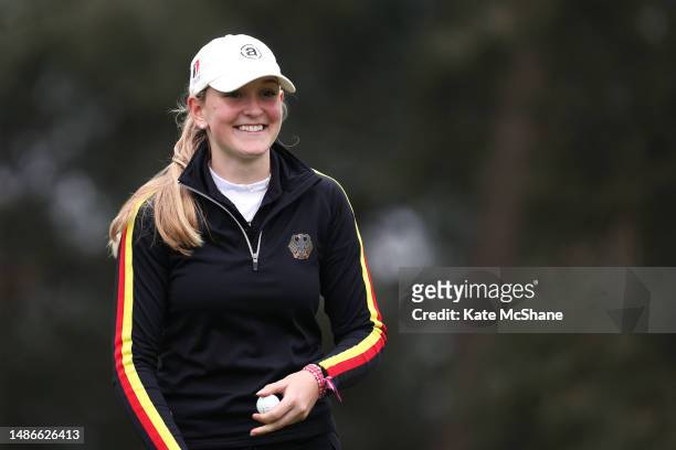 Antonia Steiner of Germany celebrates whilst leaving the 1st green, upon victory on Day Three of the R&A Girls U16 Amateur Championship at Enville...