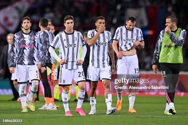 Fabio Miretti of Juventus looks dejected after the Serie A match between Bologna FC and Juventus at Stadio Renato Dall'Ara on April 30, 2023 in...