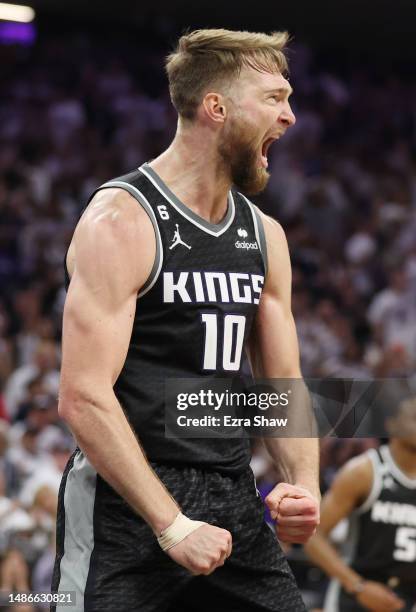 Domantas Sabonis of the Sacramento Kings reacts during the second quarter against the Golden State Warriors in game seven of the Western Conference...