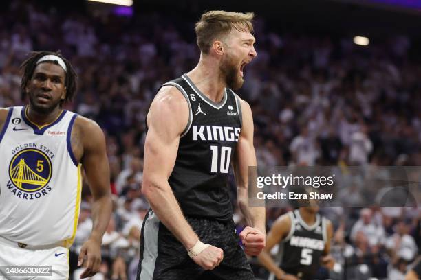 Domantas Sabonis of the Sacramento Kings reacts during the second quarter against the Golden State Warriors in game seven of the Western Conference...