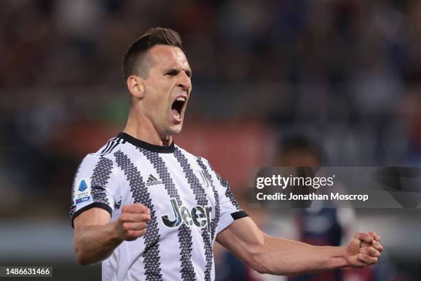 Arkadiusz Milik of Juventus celebrates after scoring to level the game at 1-1 during the Serie A match between Bologna FC and Juventus at Stadio...