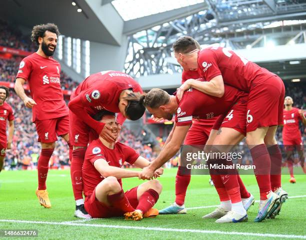 Diogo Jota of Liverpool celebrates scoring to make it 4-3 during the Premier League match between Liverpool FC and Tottenham Hotspur at Anfield on...