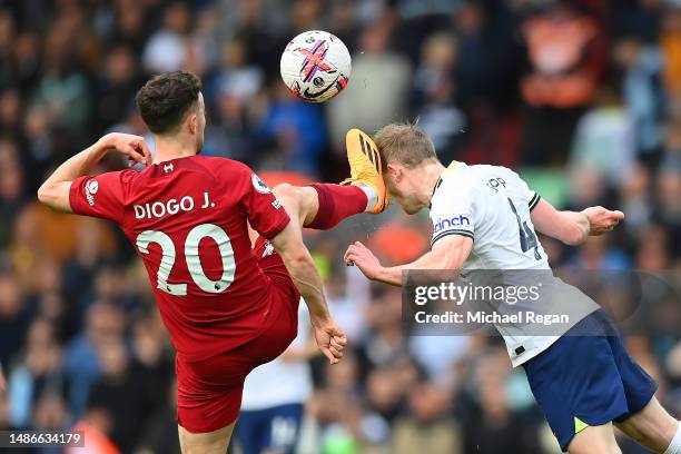 Diogo Jota of Liverpool clashes with Oliver Skipp of Tottenham Hotspur causing an injury during the Premier League match between Liverpool FC and...