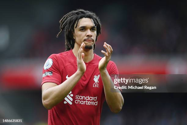 Trent Alexander-Arnold of Liverpool in action during the Premier League match between Liverpool FC and Tottenham Hotspur at Anfield on April 30, 2023...