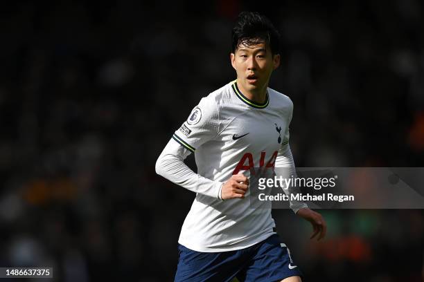 Son Heung-min of Spurs in action during the Premier League match between Liverpool FC and Tottenham Hotspur at Anfield on April 30, 2023 in...
