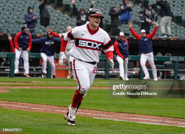Andrew Vaughn of the Chicago White Sox hits a three run home run during the ninth inning of a game against the Tampa Bay Rays at Guaranteed Rate...