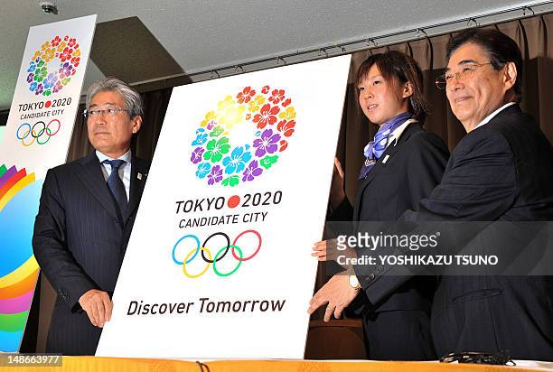 President of the Tokyo 2020 bid committee Tsunekazu Takeda, Japanese triathlon athlete Yuka Sato and Tokyo 2020 Bid Committee CEO Masato Mizuno...