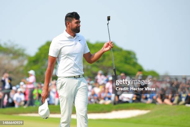 Tony Finau of the United States acknowledges fans after winning the after Mexico Open at Vidanta on the final day on April 30, 2023 in Puerto...