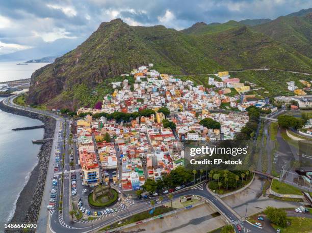 aerial view of san andres and playa de las teresitas beach, tenerife, spain - santa cruz de tenerife city stock pictures, royalty-free photos & images