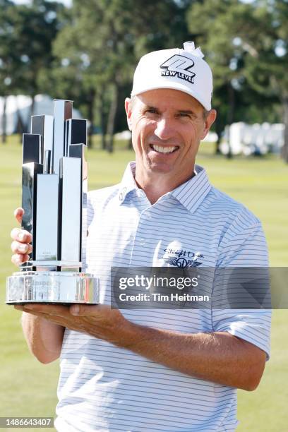 Steven Alker of New Zealand poses with the trophy after winning the Insperity Invitational at The Woodlands Golf Club on April 30, 2023 in The...