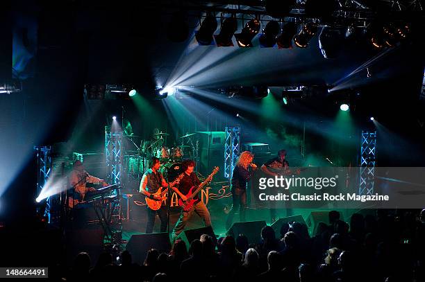 Eric Ragno, Kory Voxen, Phil Keller, Michael O'Mara and Jim Kee of American rock group Talon performing live on stage at Firefest in Nottingham, on...