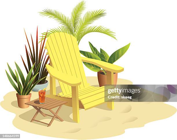 chair on sand in sunlight with plants - adirondack chair stock illustrations