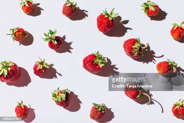 pattern of fresh strawberries on white background. summer berries flat lay. - ripe stock-fotos und bilder