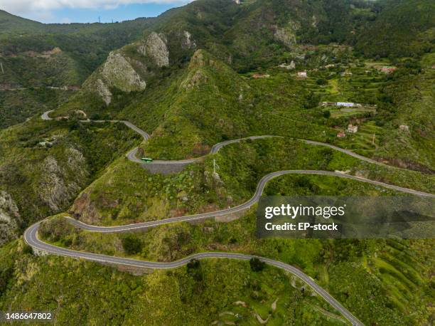 luftaufnahme der kurvenreichen dschungelstraße durch den parque rural de anaga, teneriffa, spanien - parque natural stock-fotos und bilder