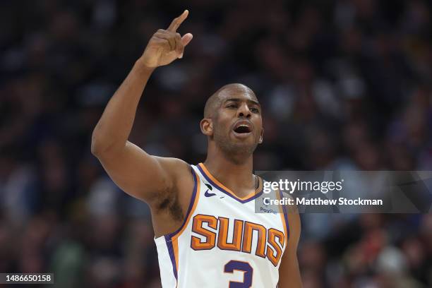 Chris Paul of the Phoenix Suns gestures while playing the Denver Nuggets in the third quarter at Ball Arena on April 29, 2023 in Denver, Colorado....