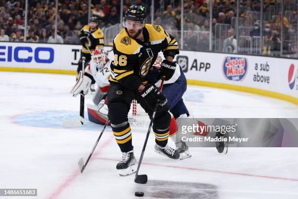 David Krejci of the Boston Bruins looks for a shot on goal against the Florida Panthers during the first period in Game Seven of the First Round of...