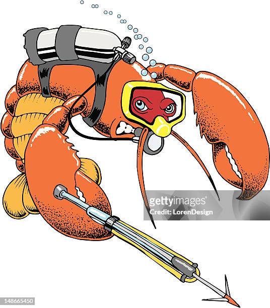 scuba lobster with speargun - leren stock illustrations