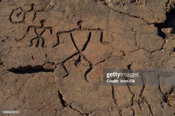 petroglyphs (figures carved in volcanic rock) at petroglyphs preserve. - cave paintings fotografías e imágenes de stock