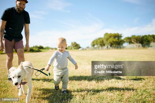 happy, running and dog with baby and father in nature for freedom, playful and bonding. happiness, animal care and growth with pet puppy and family in park for summer, youth and weekend break - studierende stockfoto's en -beelden