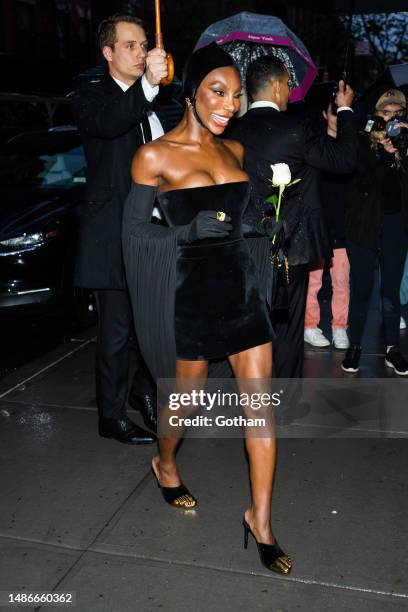 Michaela Cole is seen arriving for a pre-Met Gala dinner hosted by Anna Wintour in SoHo on April 30, 2023 in New York City.