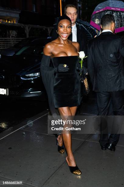 Michaela Cole is seen arriving for a pre-Met Gala dinner hosted by Anna Wintour in SoHo on April 30, 2023 in New York City.
