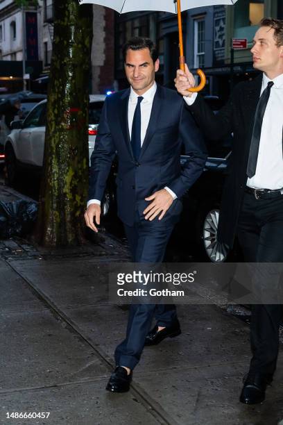 Roger Federer is seen arriving for a pre-Met Gala dinner hosted by Anna Wintour in SoHo on April 30, 2023 in New York City.