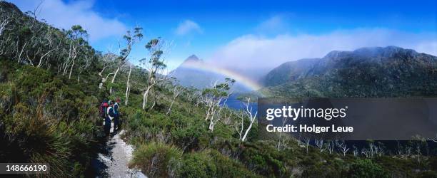 rainbow over dove lake. - cradle mountain stock pictures, royalty-free photos & images