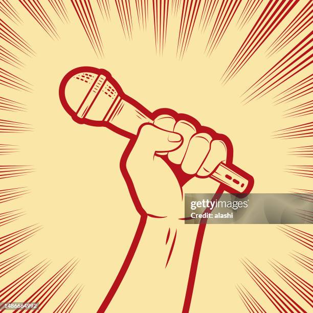 a hand holding a microphone in the background with radial manga speed lines - microphone debate stock illustrations