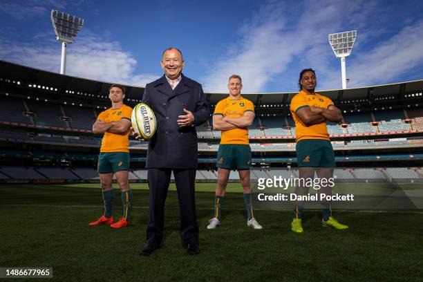 Andrew Kellaway, Wallabies head coach Eddie Jones, Reece Hodge and Pone Fa'amausili pose for a photograph during a Wallabies media opportunity at...