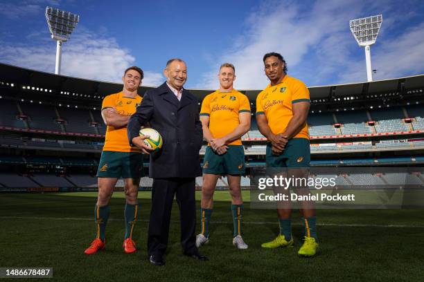 Andrew Kellaway, Wallabies head coach Eddie Jones, Reece Hodge and Pone Fa'amausili pose for a photograph during a Wallabies media opportunity at...