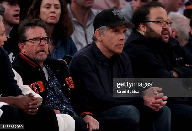 Michael J. Fox and Ben Stiller attend game one of the Eastern Conference Semifinals between the New York Knicks and the Miami Heat at Madison Square...