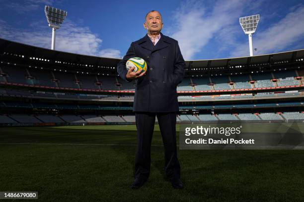 Wallabies head coach Eddie Jones poses for a photograph during a Wallabies media opportunity at Melbourne Cricket Ground on May 01, 2023 in...