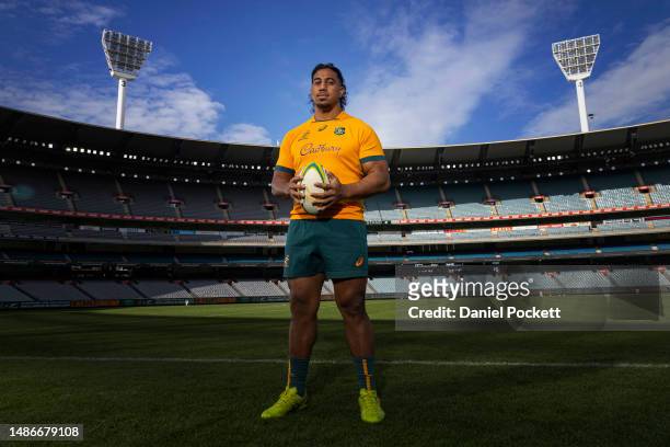 Pone Fa'amausili of the Wallabies poses for a photograph during a Wallabies media opportunity at Melbourne Cricket Ground on May 01, 2023 in...