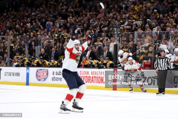 Aaron Ekblad of the Florida Panthers celebrates after the Panthers defeat the Boston Bruins 4-3 in overtime of Game Seven of the First Round of the...