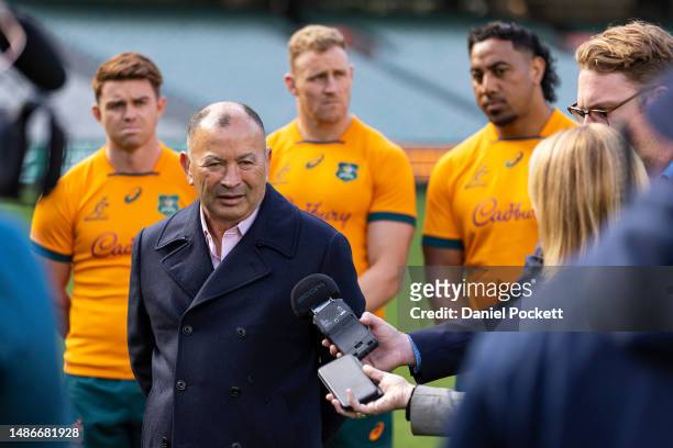 Wallabies head coach Eddie Jones speaks to the media during a Wallabies media opportunity at Melbourne Cricket Ground on May 01, 2023 in Melbourne,...