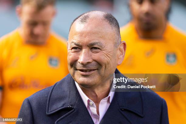 Wallabies head coach Eddie Jones speaks to the media during a Wallabies media opportunity at Melbourne Cricket Ground on May 01, 2023 in Melbourne,...