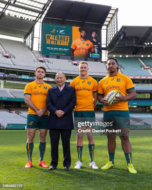 Andrew Kellaway, Wallabies head coach Eddie Jones, Reece Hodge and Pone Fa'amausili pose for a photograph during a Wallabies media opportunity at...