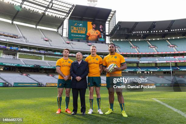 Andrew Kellaway, Wallabies head coach Eddie Jones, Reece Hodge and Pone Fa'amausili pose for a photograph during a Wallabies media opportunity at...