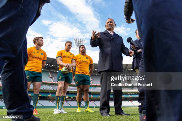 Wallabies head coach Eddie Jones speaks to the media during a Wallabies media opportunity at Melbourne Cricket Ground on May 01, 2023 in Melbourne,...
