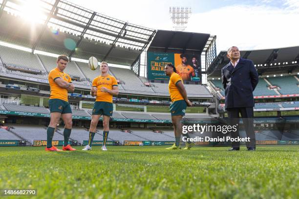 Wallabies head coach Eddie Jones , Andrew Kellaway, Reece Hodge and Pone Fa'amausili of the Wallabies are seen during a Wallabies media opportunity...