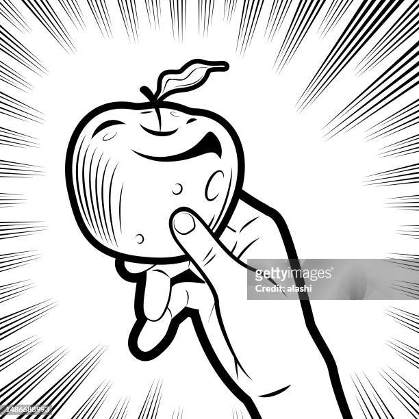 stockillustraties, clipart, cartoons en iconen met a hand holding an apple in the background with radial manga speed lines - aziatische peer