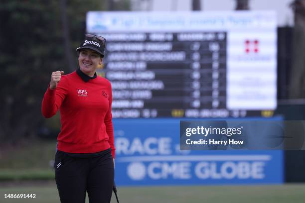 Hannah Green of Australia reacts to her birdie putt on the 18th green to force a playoff during the final round of the JM Eagle LA Championship...