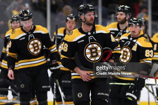 David Krejci of the Boston Bruins reacts after Florida Panthers defeat the Bruins 4-3 in overtime of Game Seven of the First Round of the 2023...