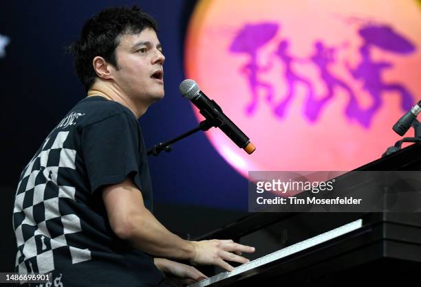 Jamie Cullum performs during the 52nd annual New Orleans Jazz & Heritage Festival at Fair Grounds Race Course on April 30, 2023 in New Orleans,...