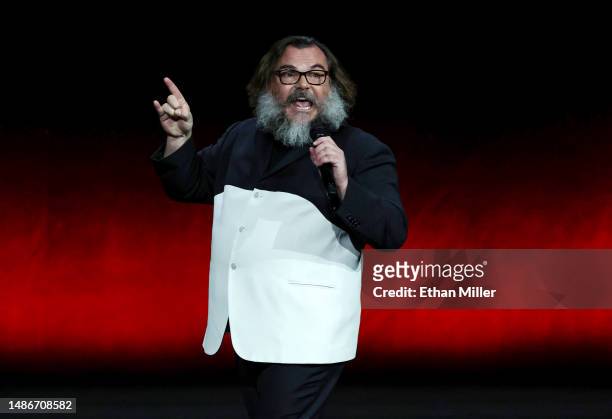 Jack Black speaks onstage to promote the upcoming film "Kung Fu Panda 4" during the Universal Pictures and Focus Features presentation during...