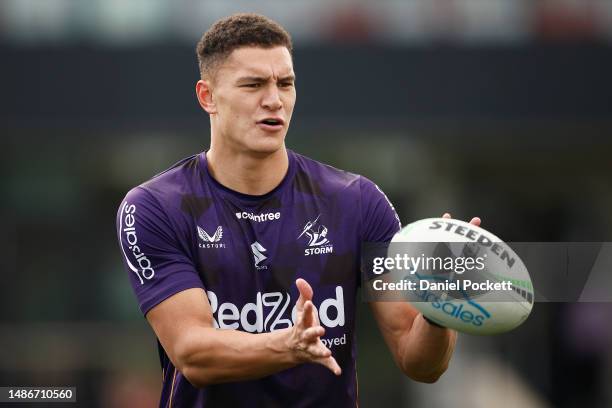 Will Warbrick of the Storm in action during a Melbourne Storm NRL training session at Moorabbin Oval on May 01, 2023 in Melbourne, Australia.