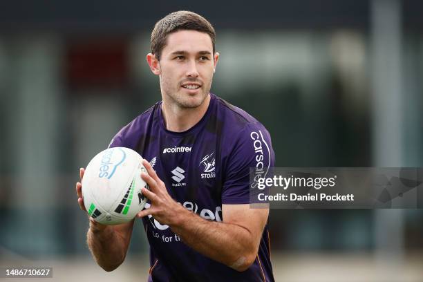 Nick Meaney of the Storm in action during a Melbourne Storm NRL training session at Moorabbin Oval on May 01, 2023 in Melbourne, Australia.