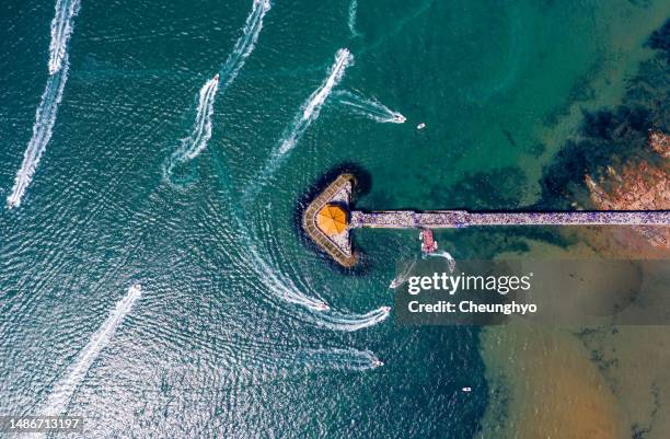 4k resolution fast motion time lapse: drone aerial view of zhanqiao park during the labor day holiday - qingdao beach stock pictures, royalty-free photos & images