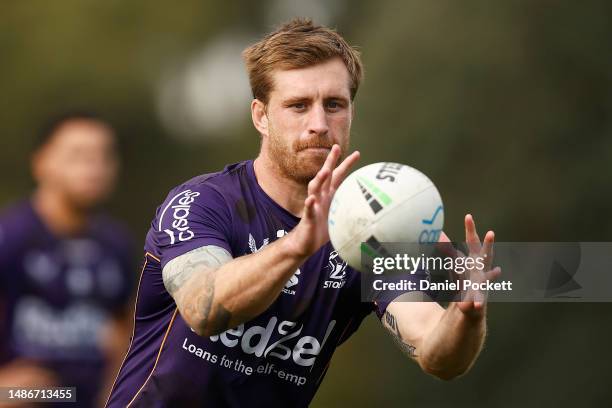 Cameron Munster of the Storm in action during a Melbourne Storm NRL training session at Moorabbin Oval on May 01, 2023 in Melbourne, Australia.